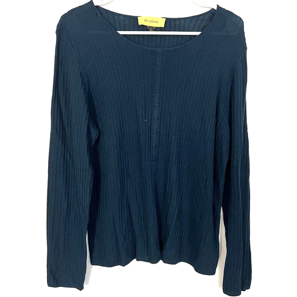 St John Sweater Womens Large Dark Teal Ribbed Knit 100% Wool Boat Neck Luxury